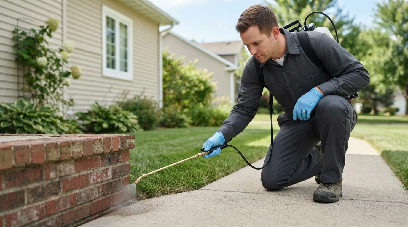 Pest control technician treating a home near Mcgrew, NE